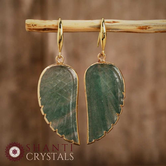 Gold Angel Wings Earrings | Green Fluorite