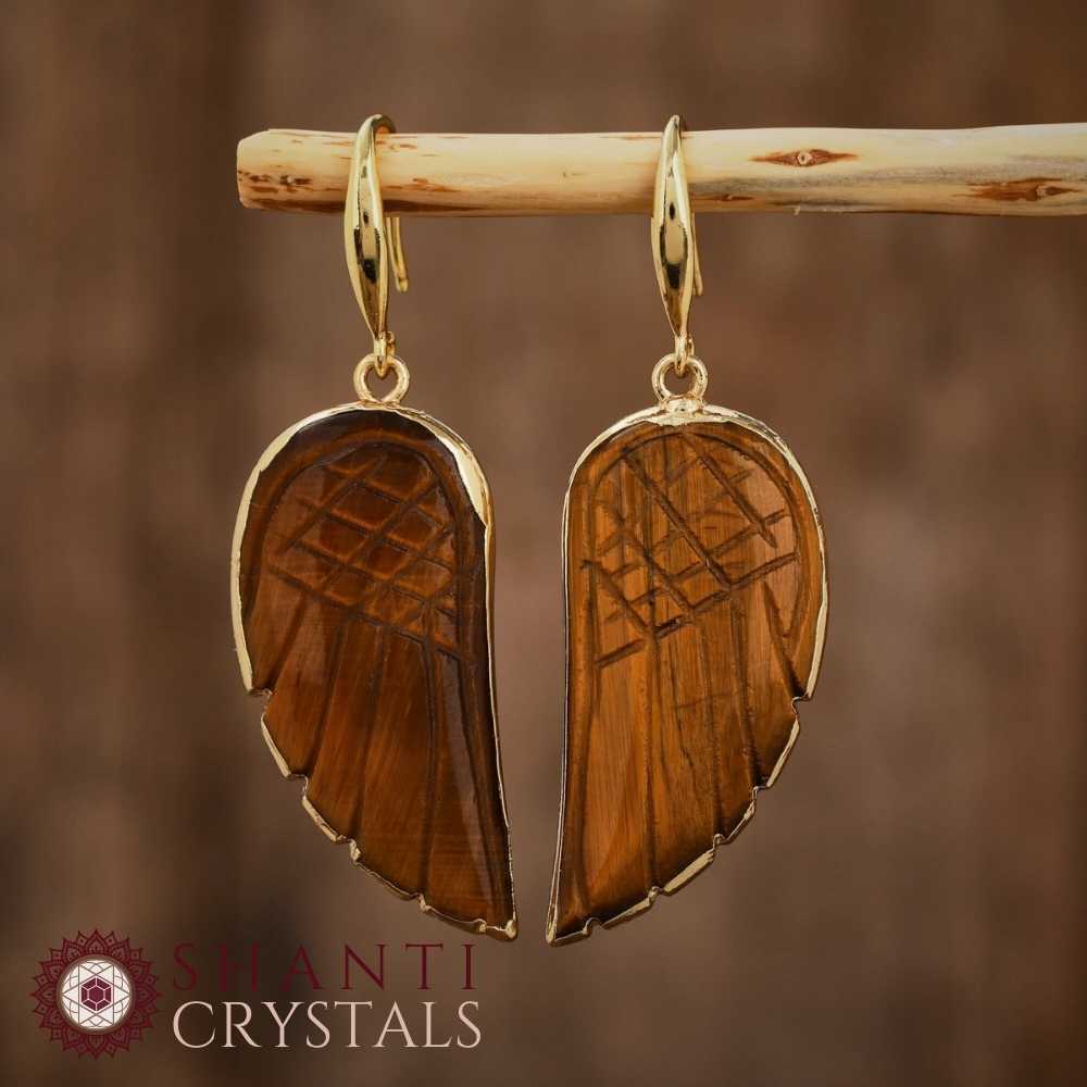 Gold Angel Wings Earrings | Gold Tiger's Eye