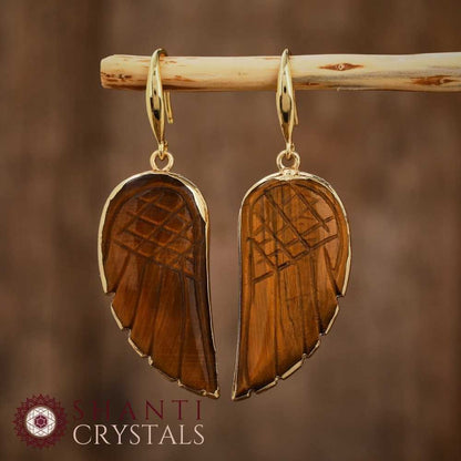 Gold Angel Wings Earrings | Gold Tiger's Eye
