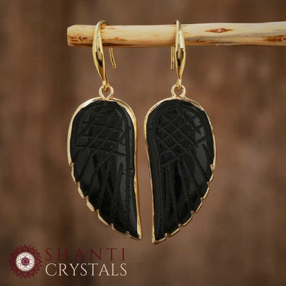 Gold Angel Wings Earrings | Black Obsidian