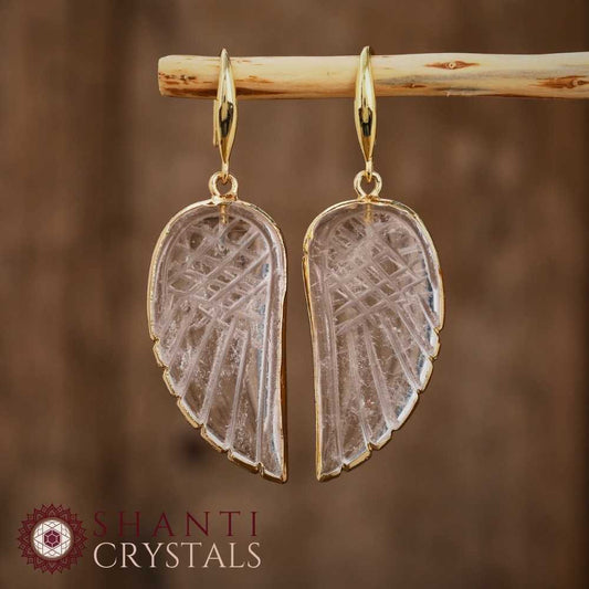 Gold Angel Wings Earrings | Clear Quartz