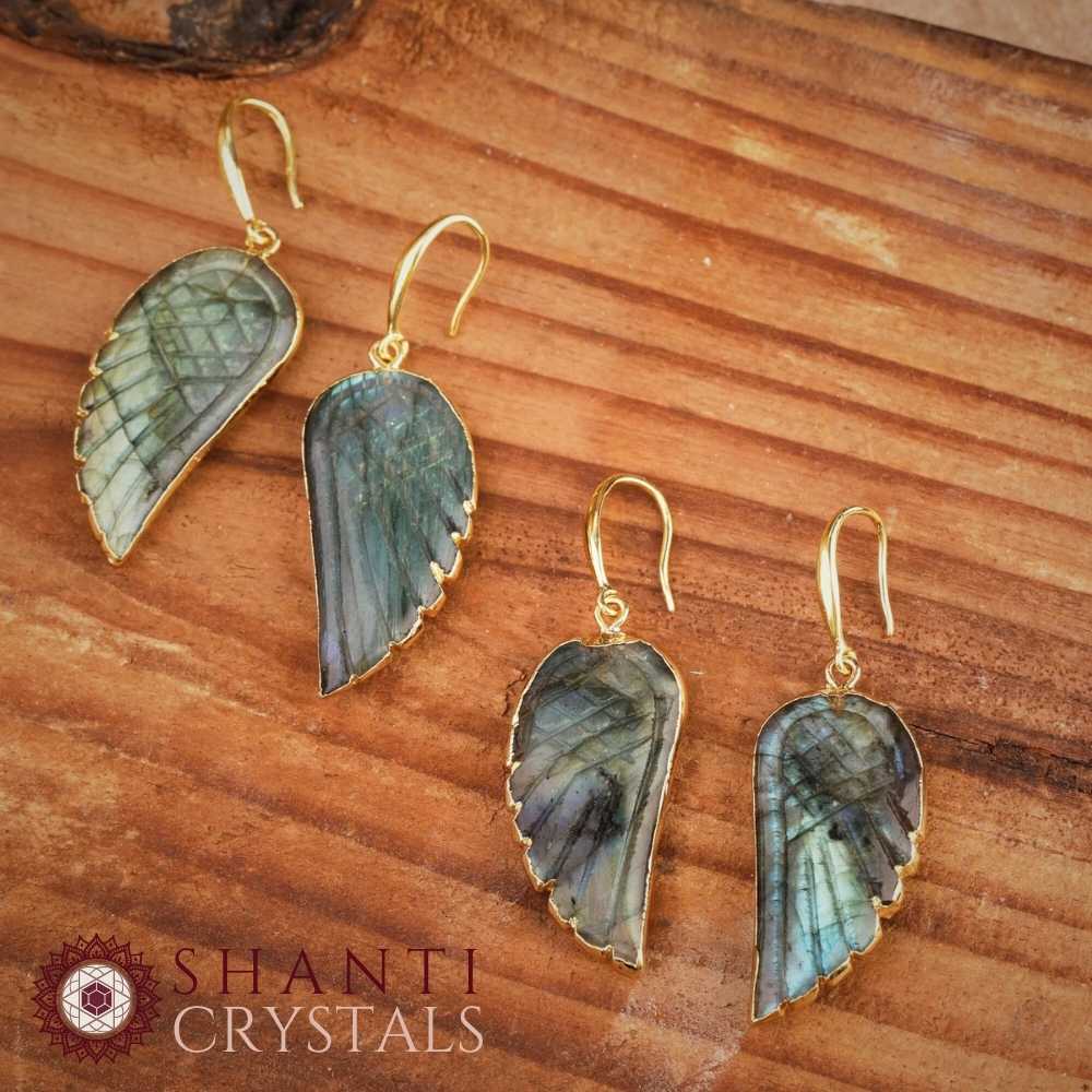 Gold Angel Wings Earrings | Green Fluorite